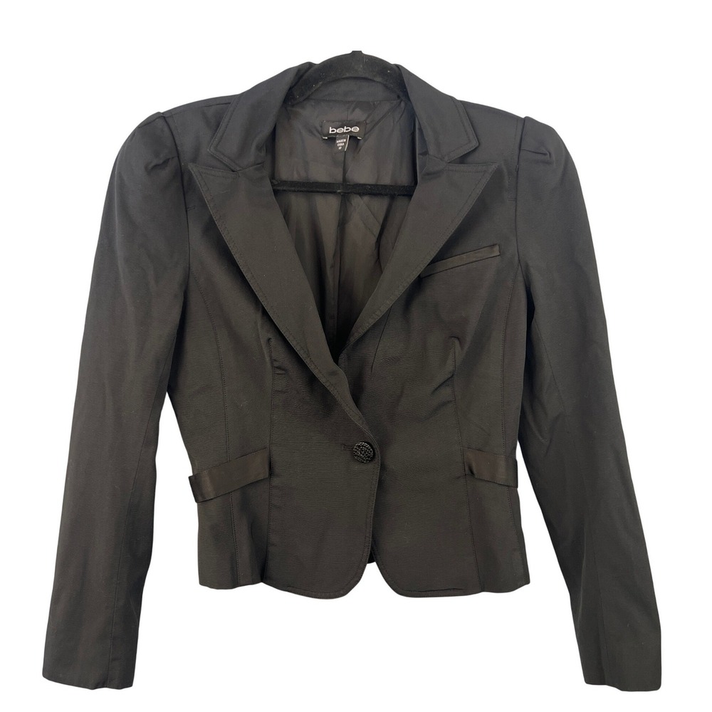Vintage Y2K BeBe Black Cropped Fitted Tuxedo Jacket SZ10 Satin Trim Trendy
